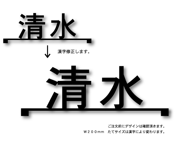 漢字の切り文字アイアン表札のの清水さんサンプルイメージ